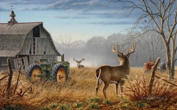 Deer Painting - Barn tractor whitetail